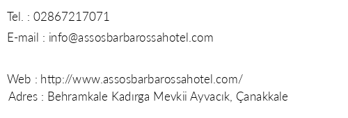 Assos Barbarossa Hotel telefon numaralar, faks, e-mail, posta adresi ve iletiim bilgileri